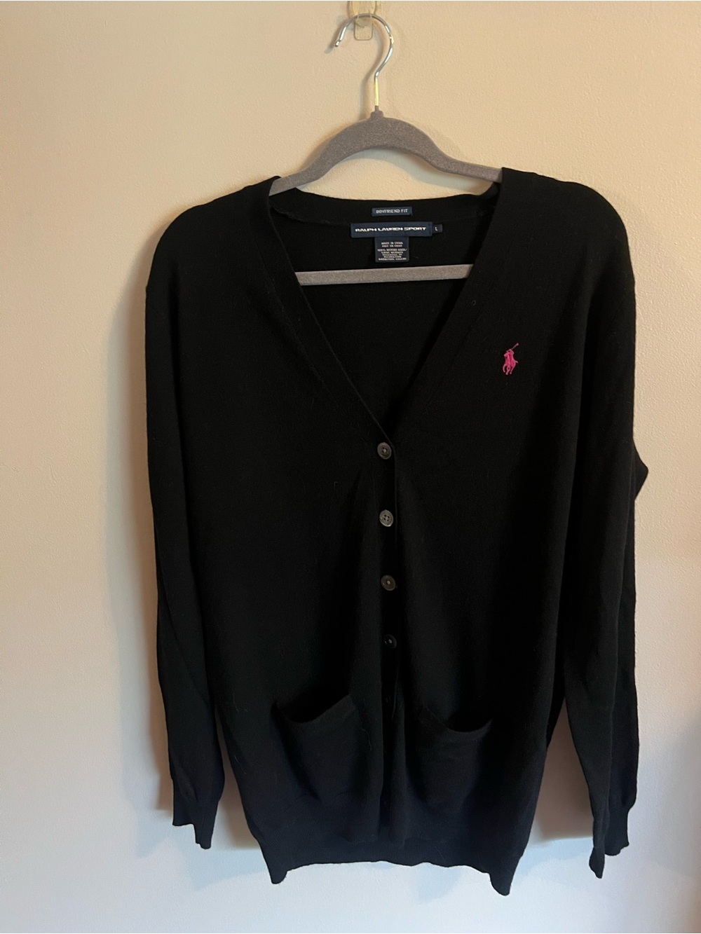 Polo by Ralph Lauren Ladies Black V‑Neck Cardigan with Pink logo